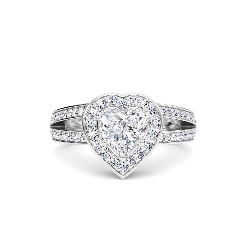 White diamond halo split shank engagement ring