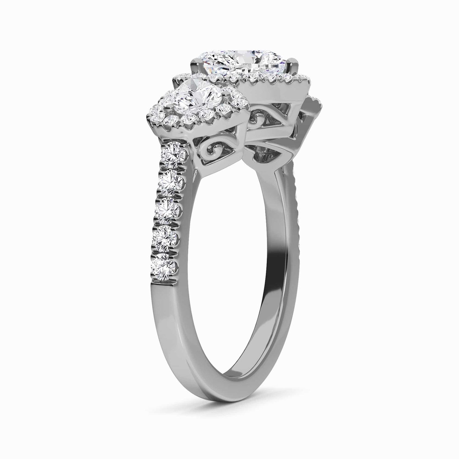 White Diamond Three-Stone Halo Pave-Set Accented Engagement Ring - Madison
