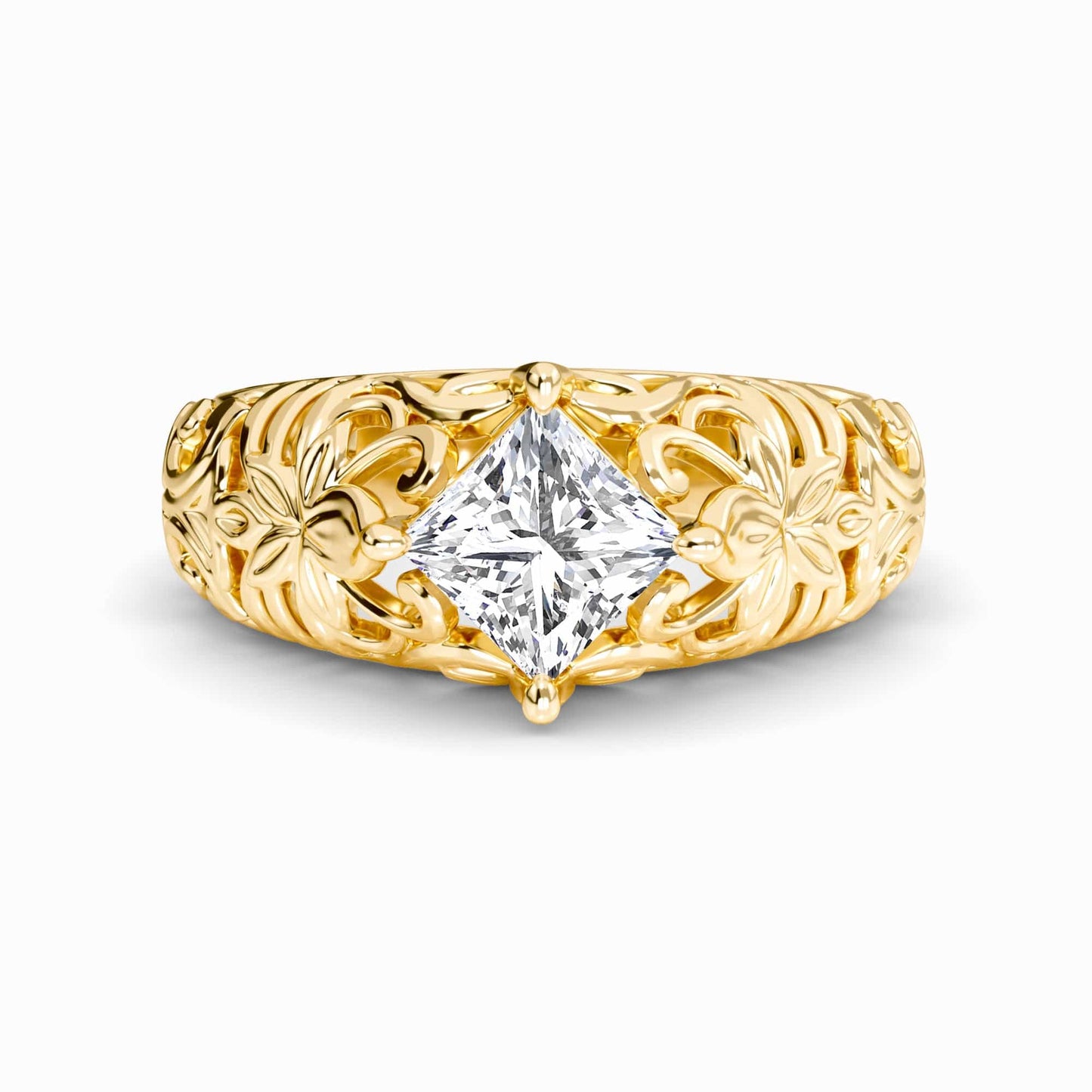 White Diamond Floral Engraved Vintage Engagement Ring - Briar