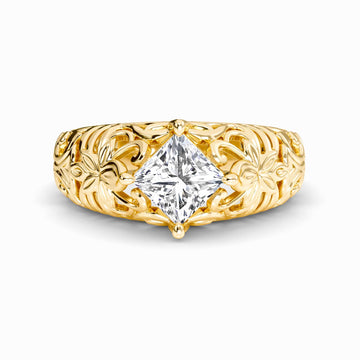 White Diamond Floral Engraved Vintage Engagement Ring - Briar