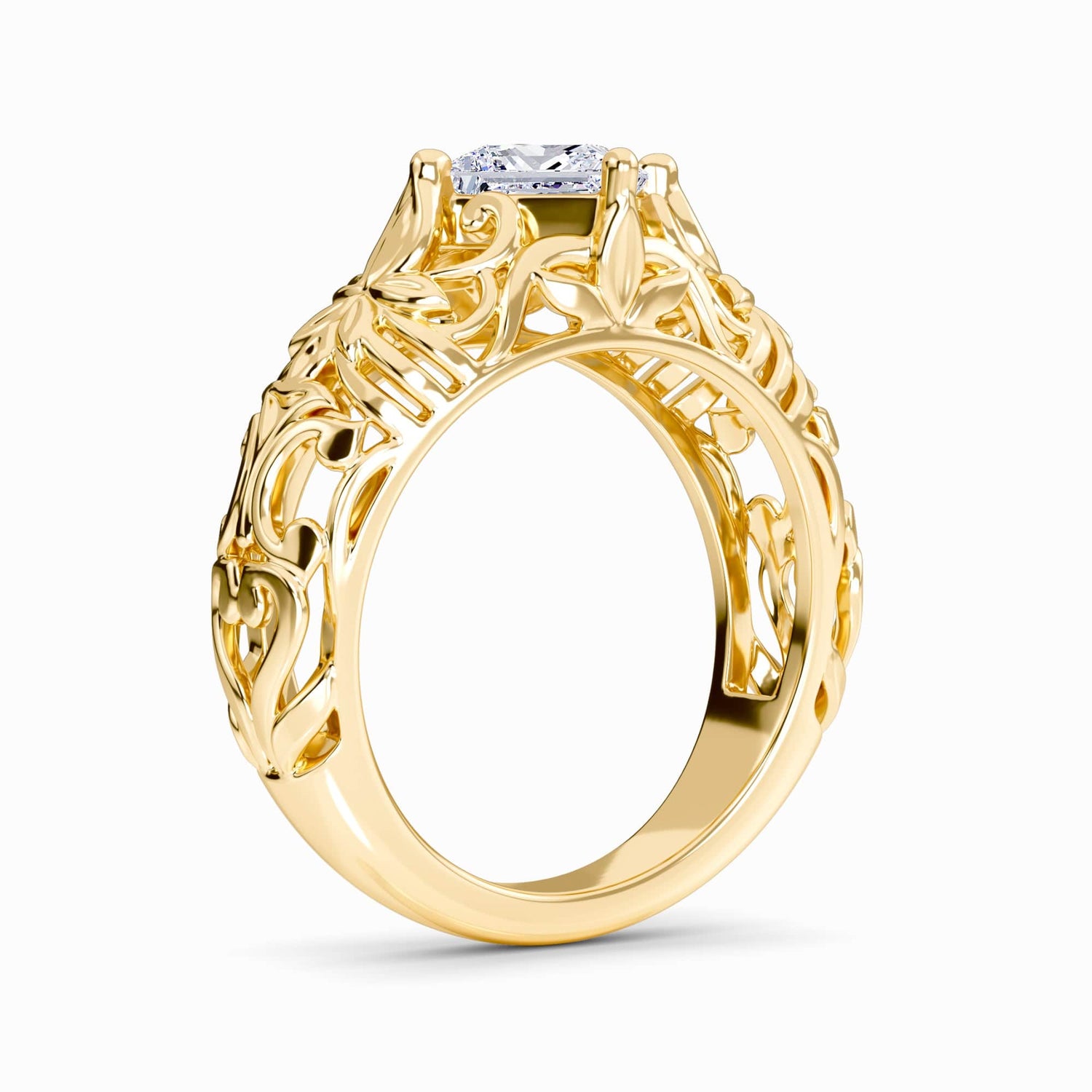 White Diamond Floral Engraved Vintage Engagement Ring - Briar