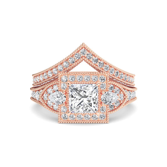 White Diamond Three Stone Halo Pave Bridal Set Engagement Ring - Ottilie