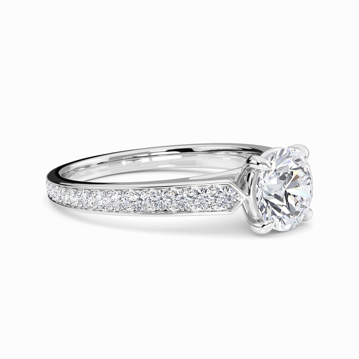 White Diamond Pave Shoulder Solitaire Engagement Ring - Caixia