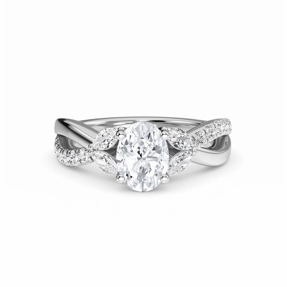 White Diamond Leaf Motif Twisted Engagement Ring