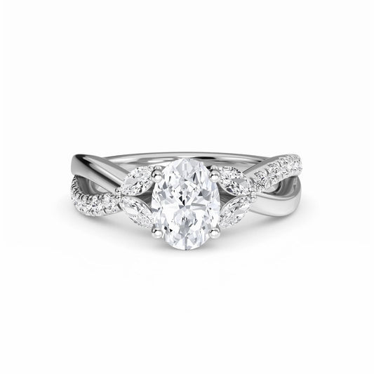 White Diamond Leaf Motif Twisted Engagement Ring - Luna