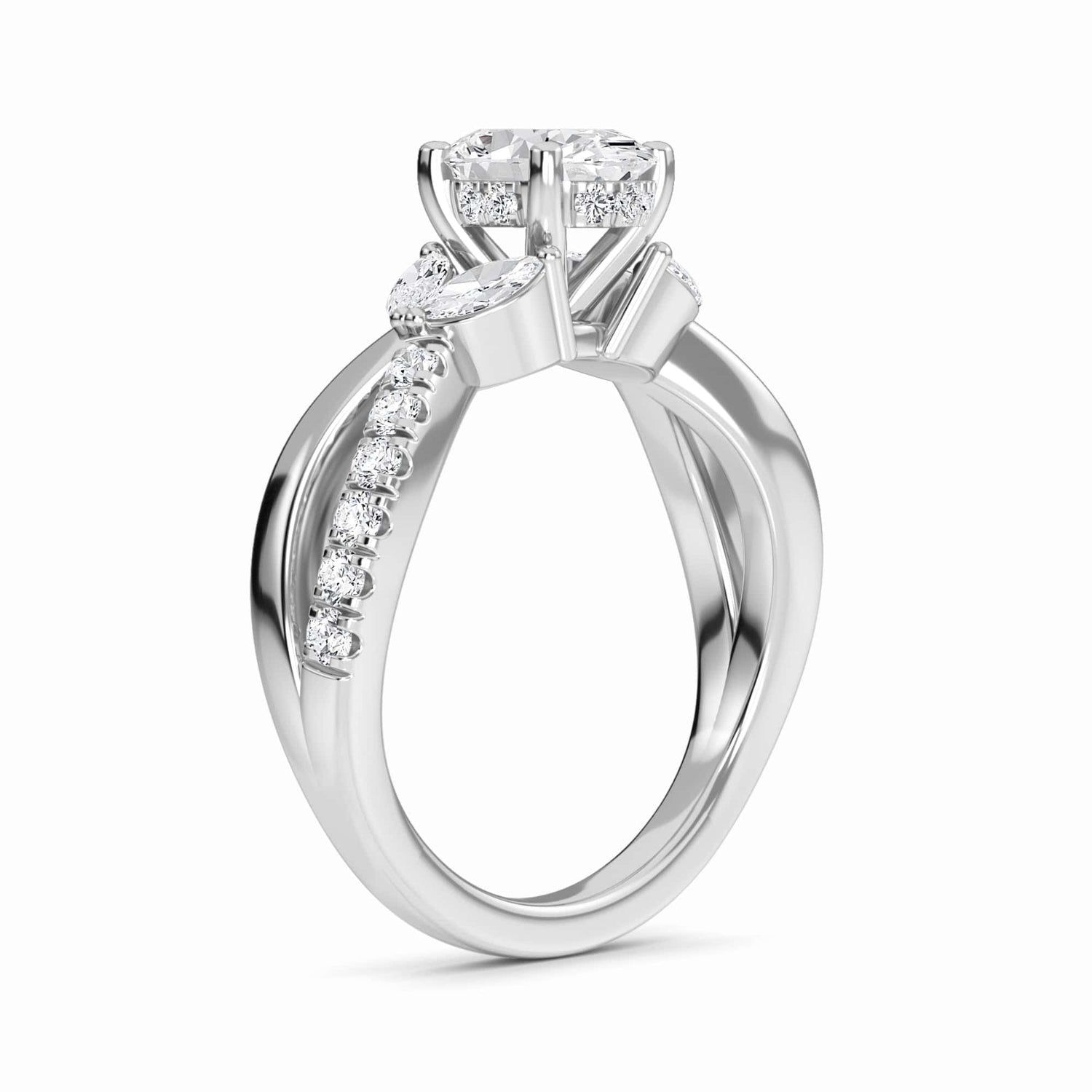 White Diamond Leaf Motif Twisted Engagement Ring - Skylar