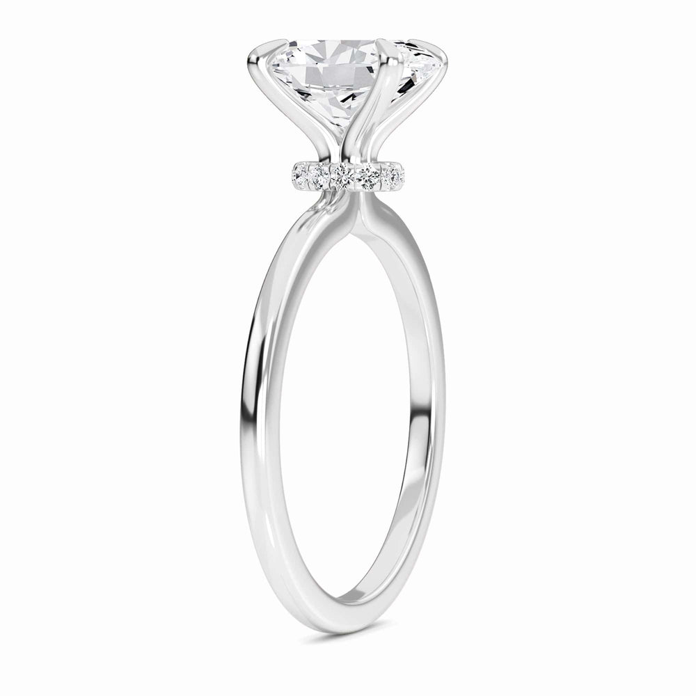 Oval hidden halo certified lab diamond engagement ring in 18k white gold, view 2