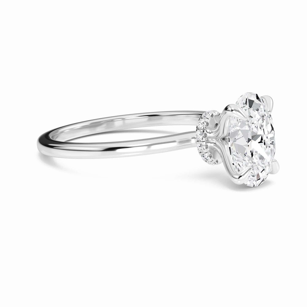 Oval hidden halo certified lab diamond engagement ring in 18k white gold, view 3