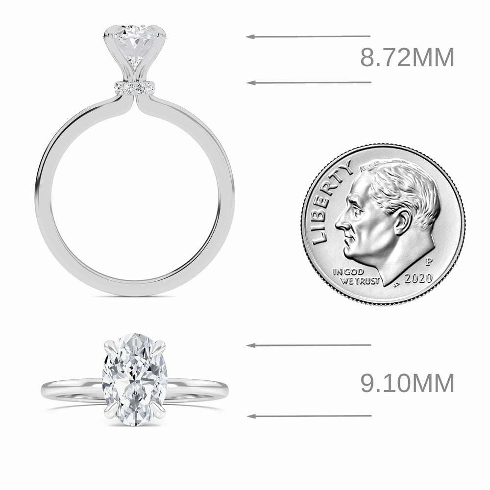 Oval hidden halo certified lab diamond engagement ring in 18k white gold, view 5
