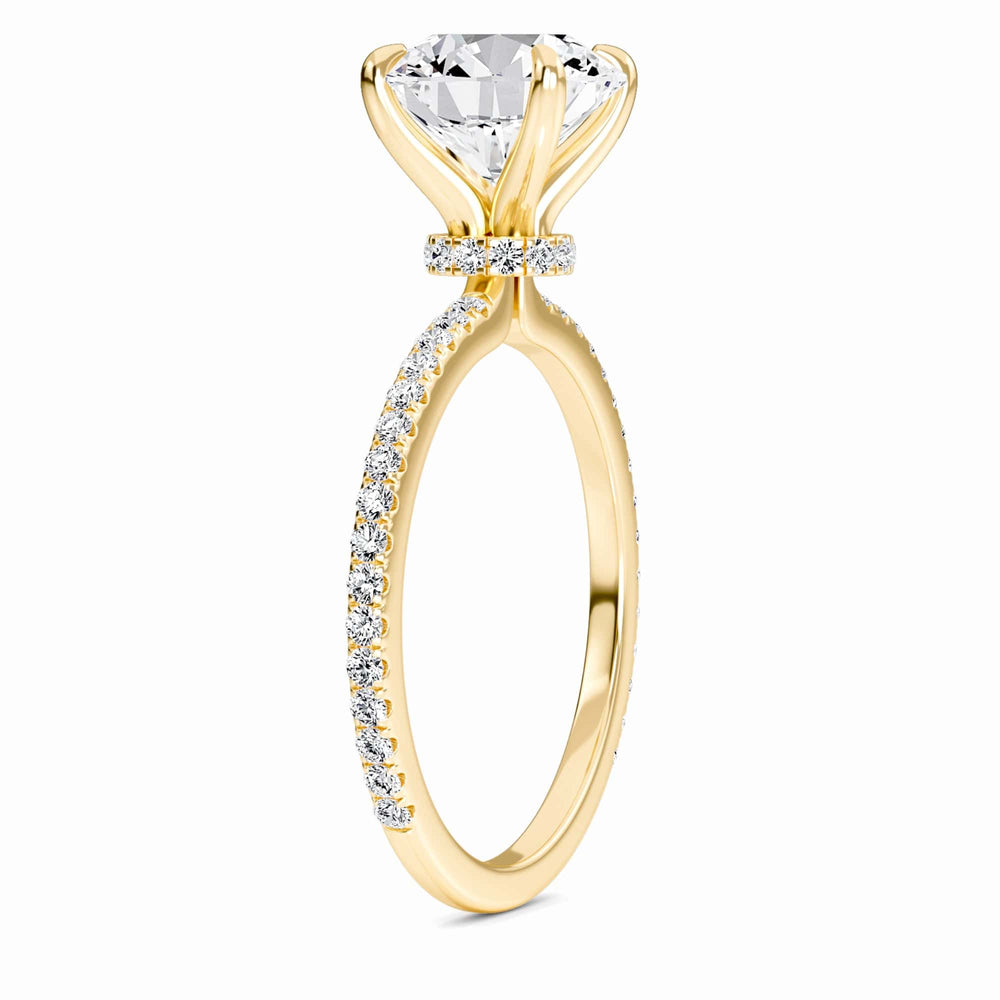 Round hidden halo certified lab diamond pave engagement ring in 18k yellow gold, view 2