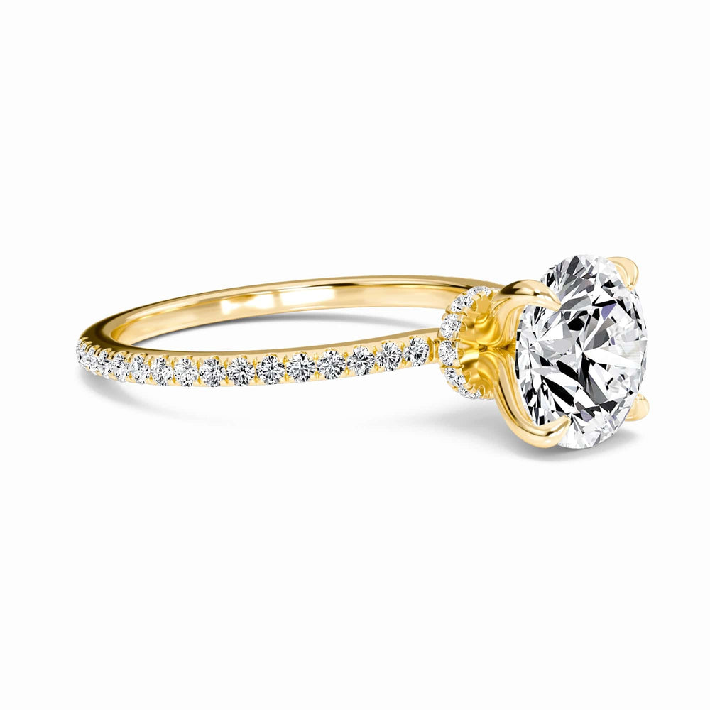 Round hidden halo certified lab diamond pave engagement ring in 18k yellow gold, view 3