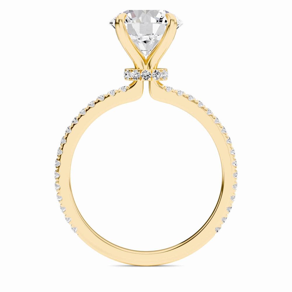 Round hidden halo certified lab diamond pave engagement ring in 18k yellow gold, view 4
