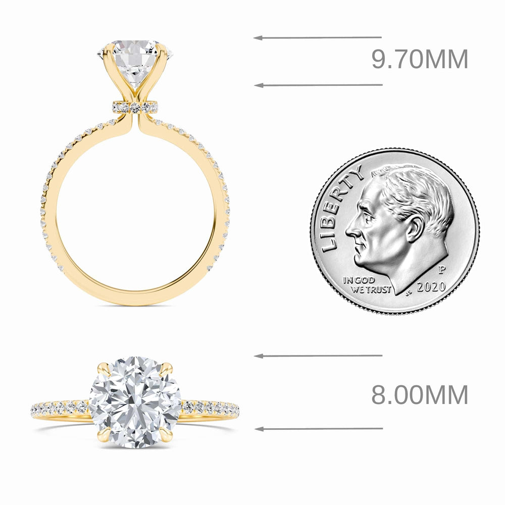 Round hidden halo certified lab diamond pave engagement ring in 18k yellow gold, view 5