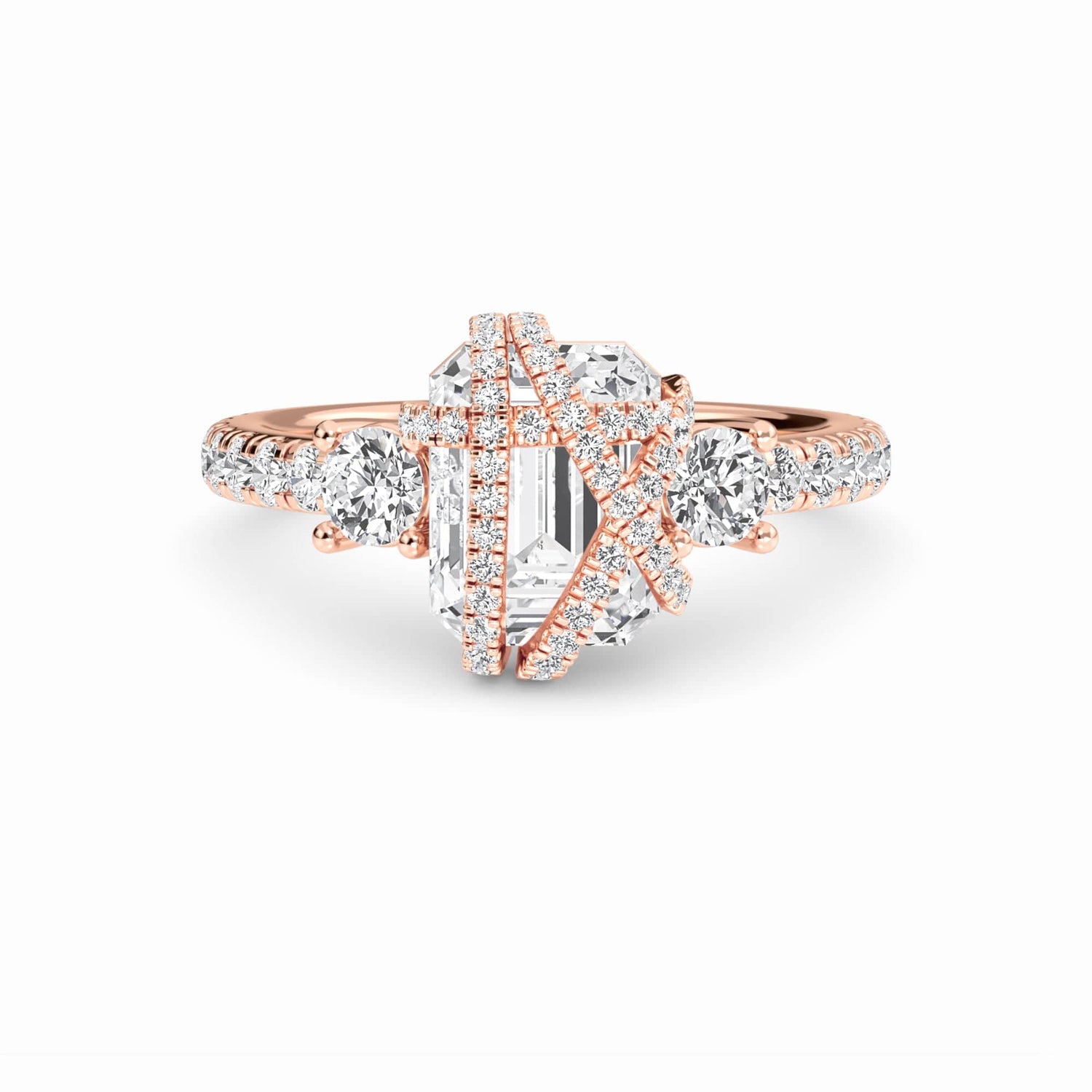 White Diamond Criss-Cross Halo Three-Stone Engagement Ring - Tisha