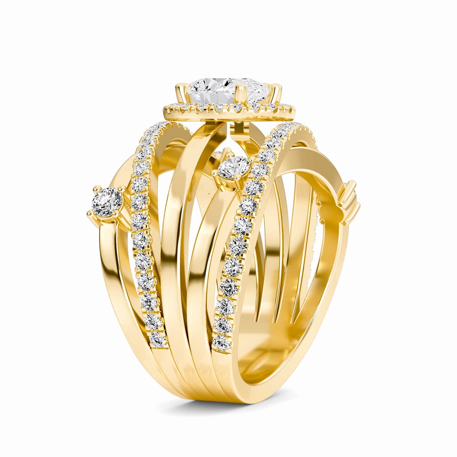 White Diamond Multi-Band Crossover Halo Engagement Ring - Lucienne