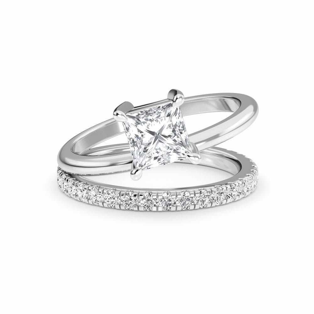 White Diamond Bridal Set with Pave Band Solitaire Engagement Ring