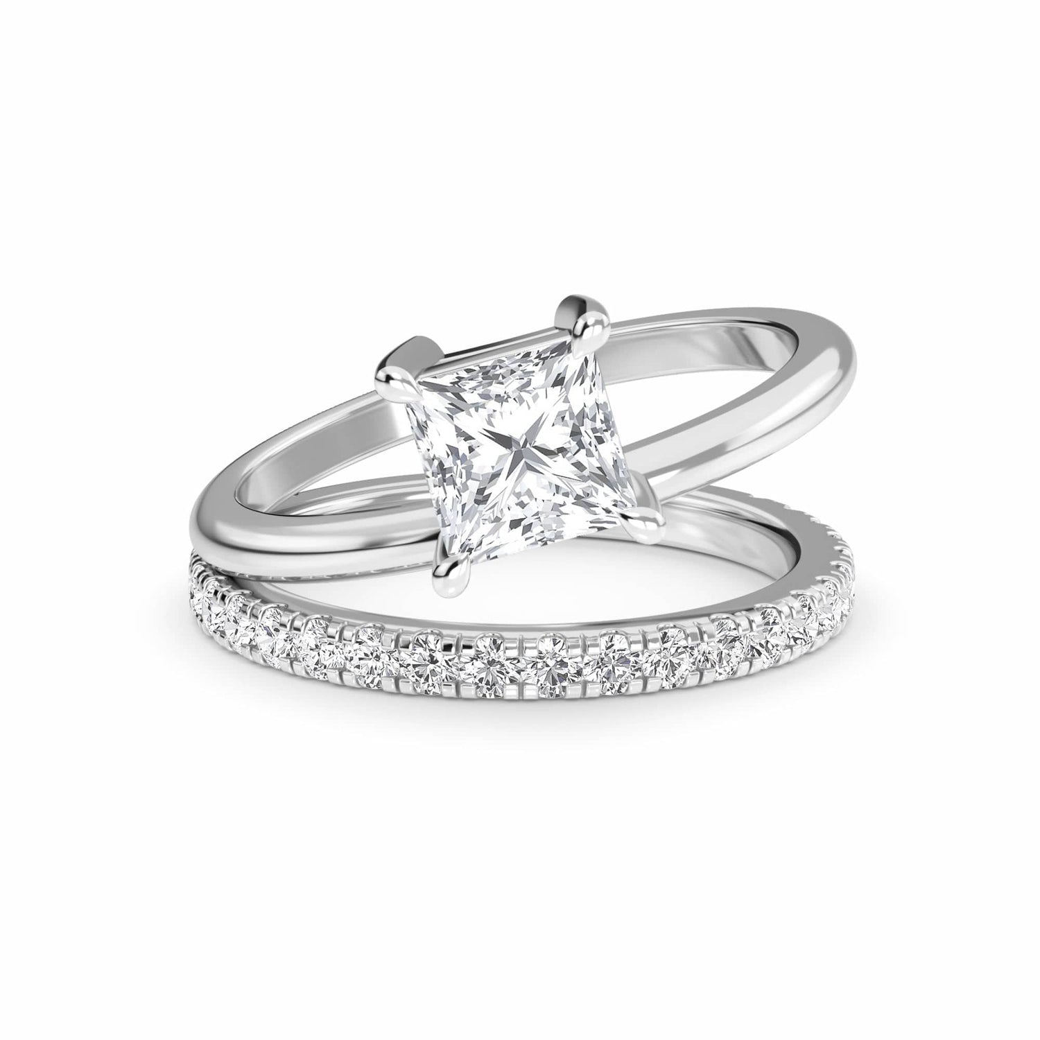 White Diamond Bridal Set with Pave Band Solitaire Engagement Ring - Hehua