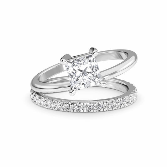 White Diamond Bridal Set with Pave Band Solitaire Engagement Ring - Hehua
