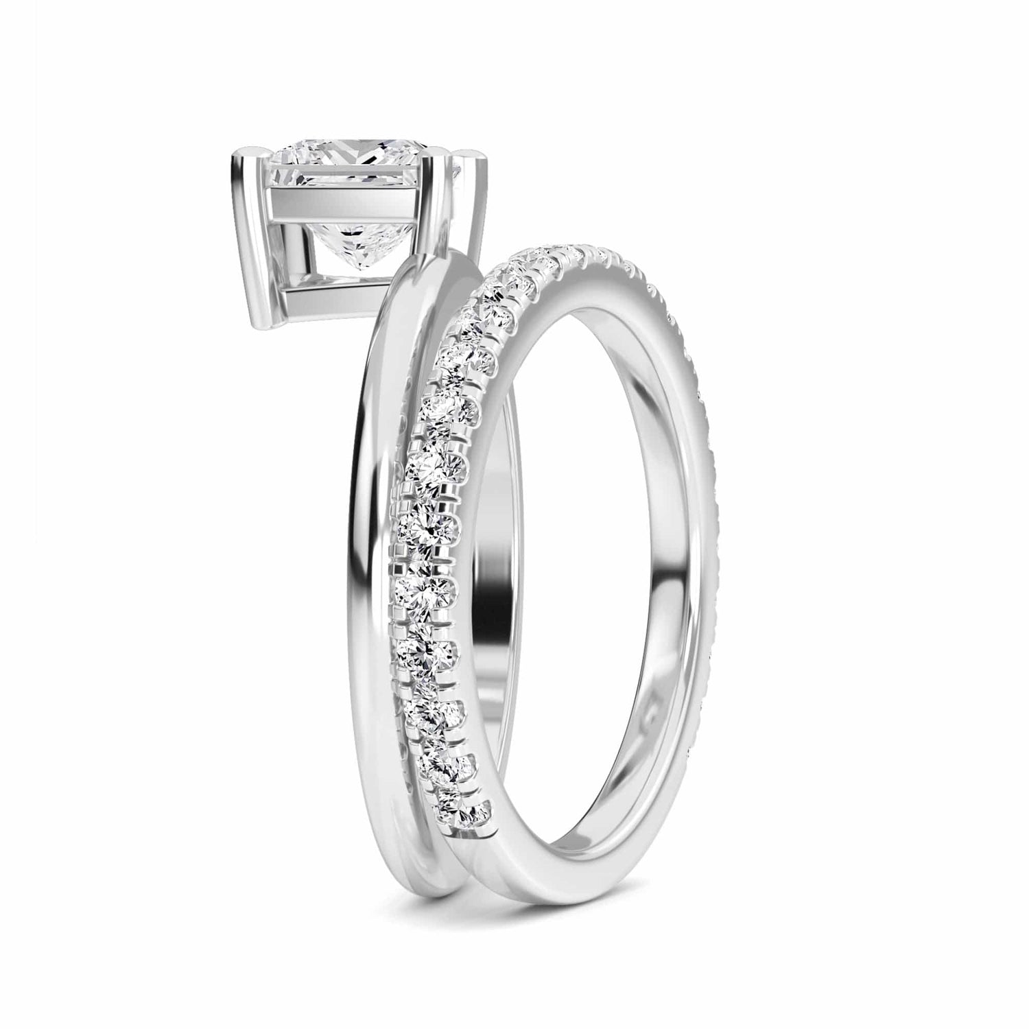 White Diamond Bridal Set with Pave Band Solitaire Engagement Ring - Hehua
