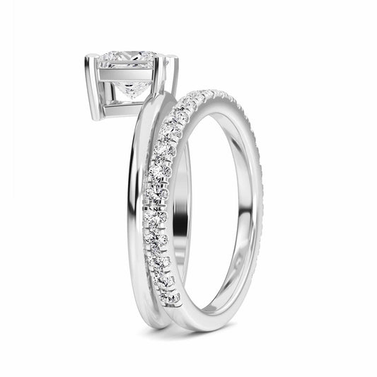 White Diamond Bridal Set with Pave Band Solitaire Engagement Ring - Hehua