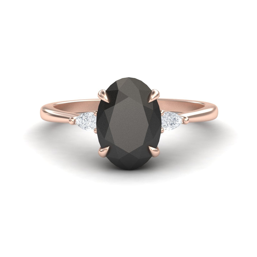 Oval Three-Stone Certified Natural Black Diamond Engagement Ring - Lorraine