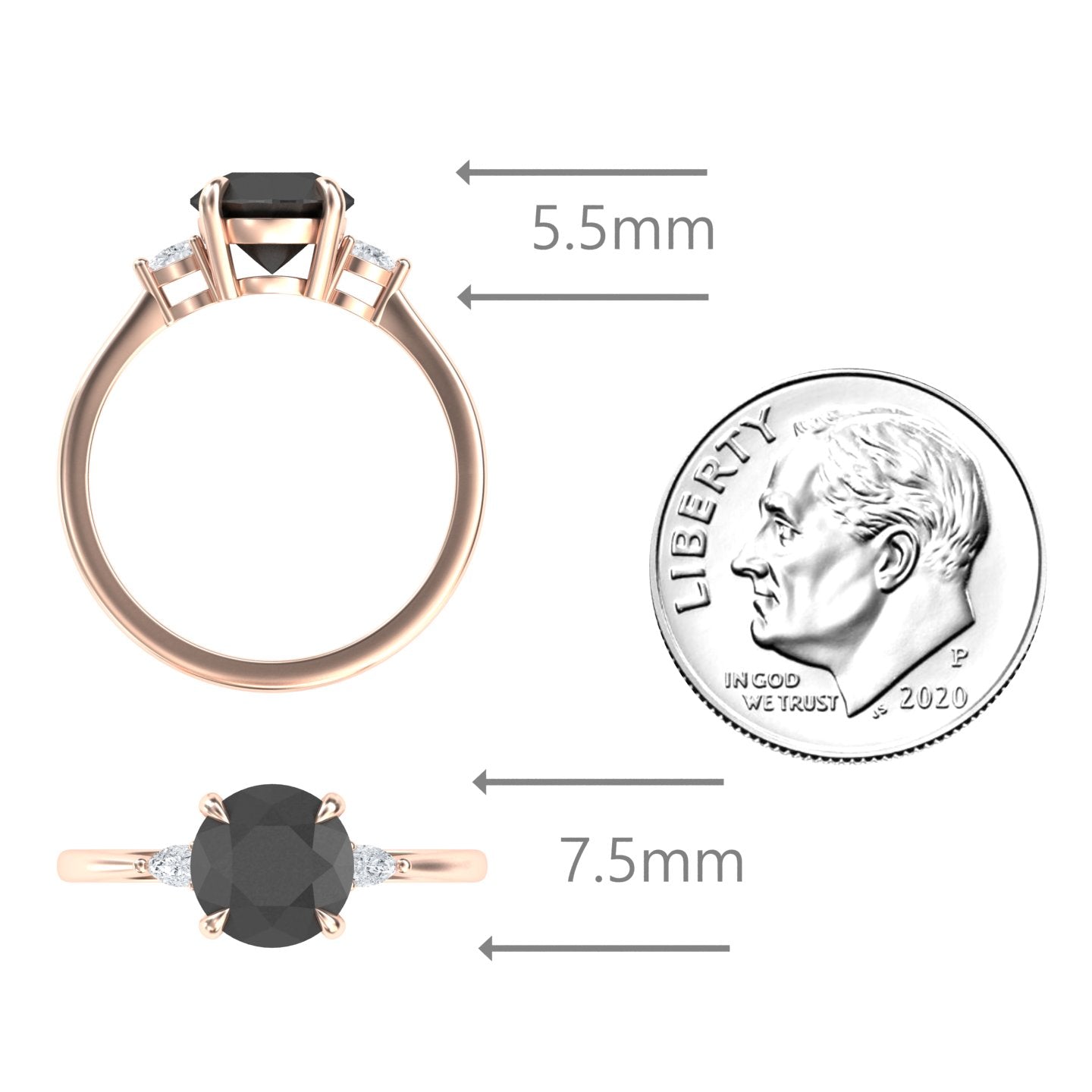 Round Three-Stone Certified Natural Black Diamond Engagement Ring - Lorraine