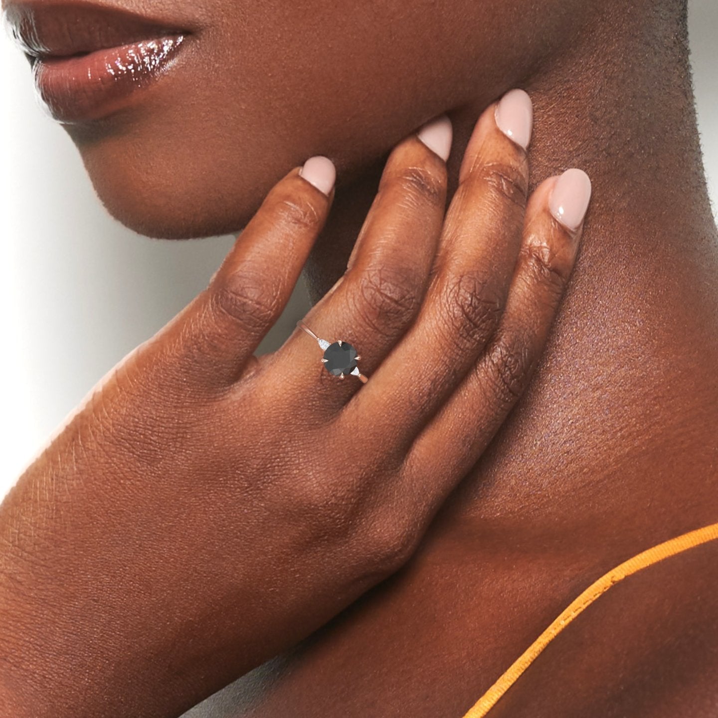 Round Three-Stone Certified Natural Black Diamond Engagement Ring - Lorraine