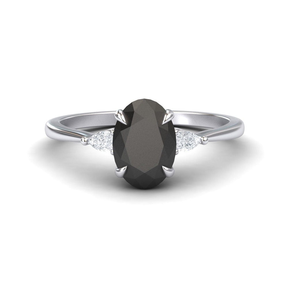Oval Three-Stone Certified Natural Black Diamond Engagement Ring - Lorraine