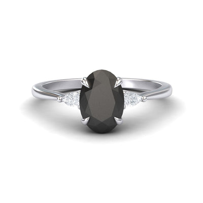Oval Three-Stone Certified Natural Black Diamond Engagement Ring
