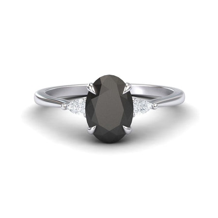 Oval Three-Stone Certified Natural Black Diamond Engagement Ring - Lorraine