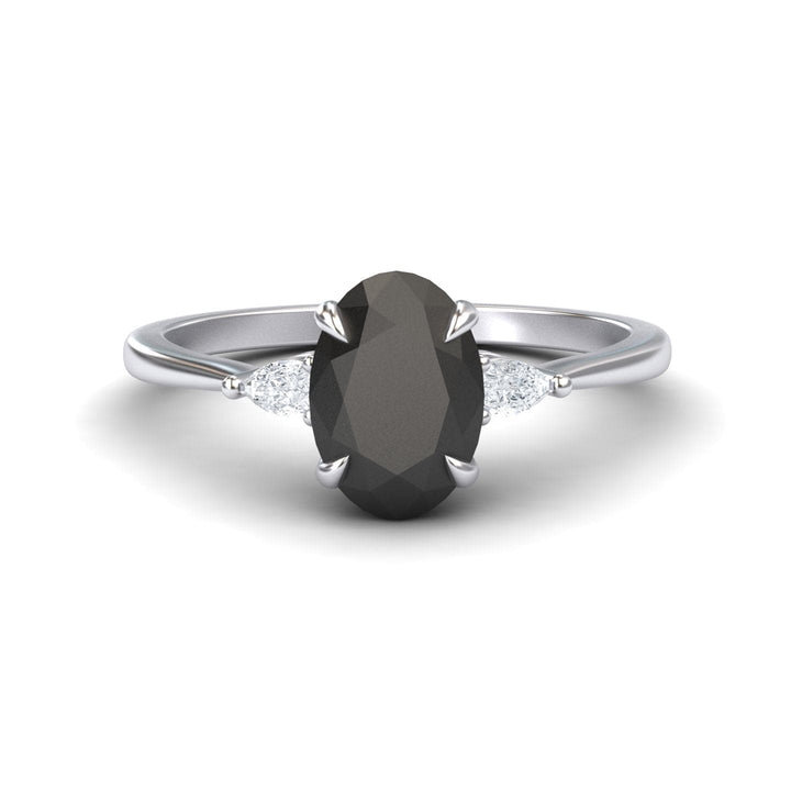 Oval Three-Stone Certified Natural Black Diamond Engagement Ring - Lorraine