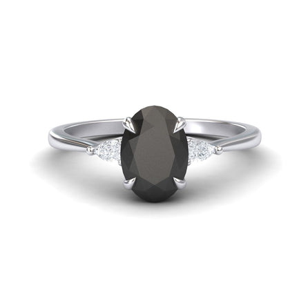 Oval Three-Stone Certified Natural Black Diamond Engagement Ring - Lorraine