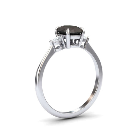 Oval Three-Stone Certified Natural Black Diamond Engagement Ring - Lorraine