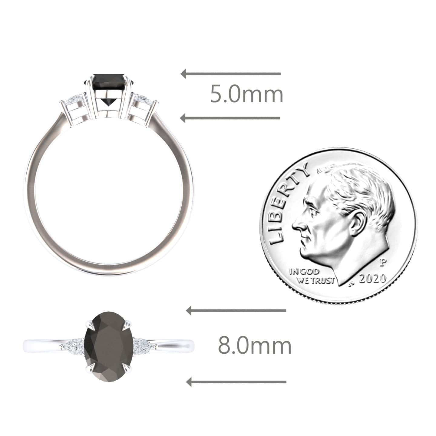 Oval Three-Stone Certified Natural Black Diamond Engagement Ring - Lorraine