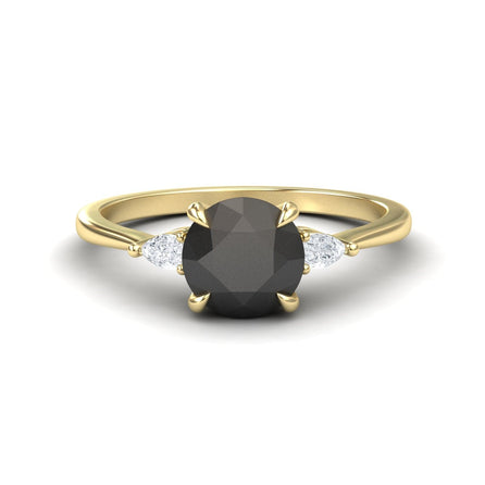 Round Three-Stone Certified Natural Black Diamond Engagement Ring - Lorraine