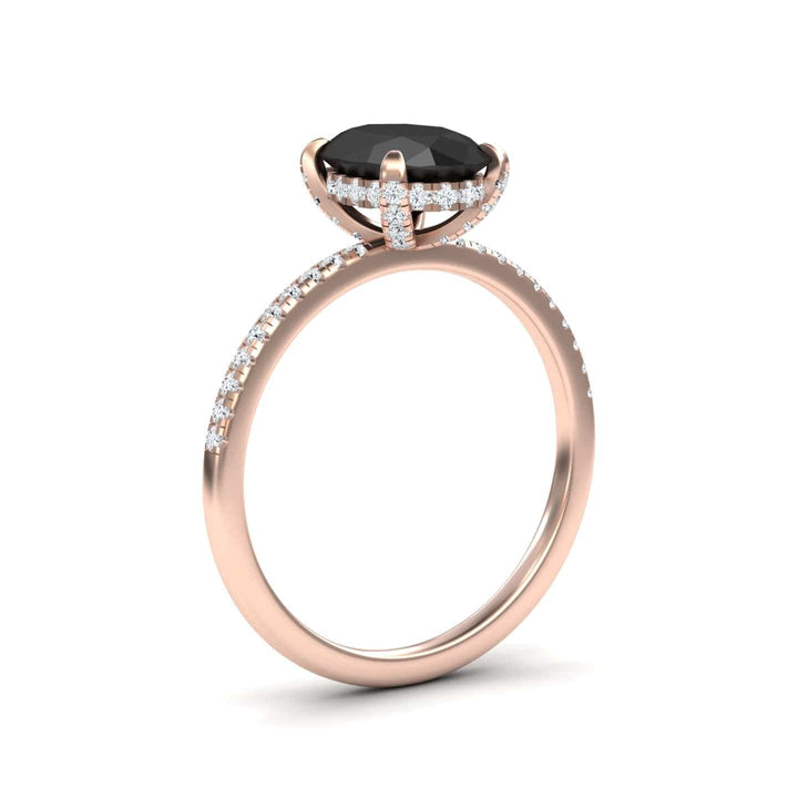 Oval hidden halo certified natural black diamond pave engagement ring in 18k rose gold, view 2