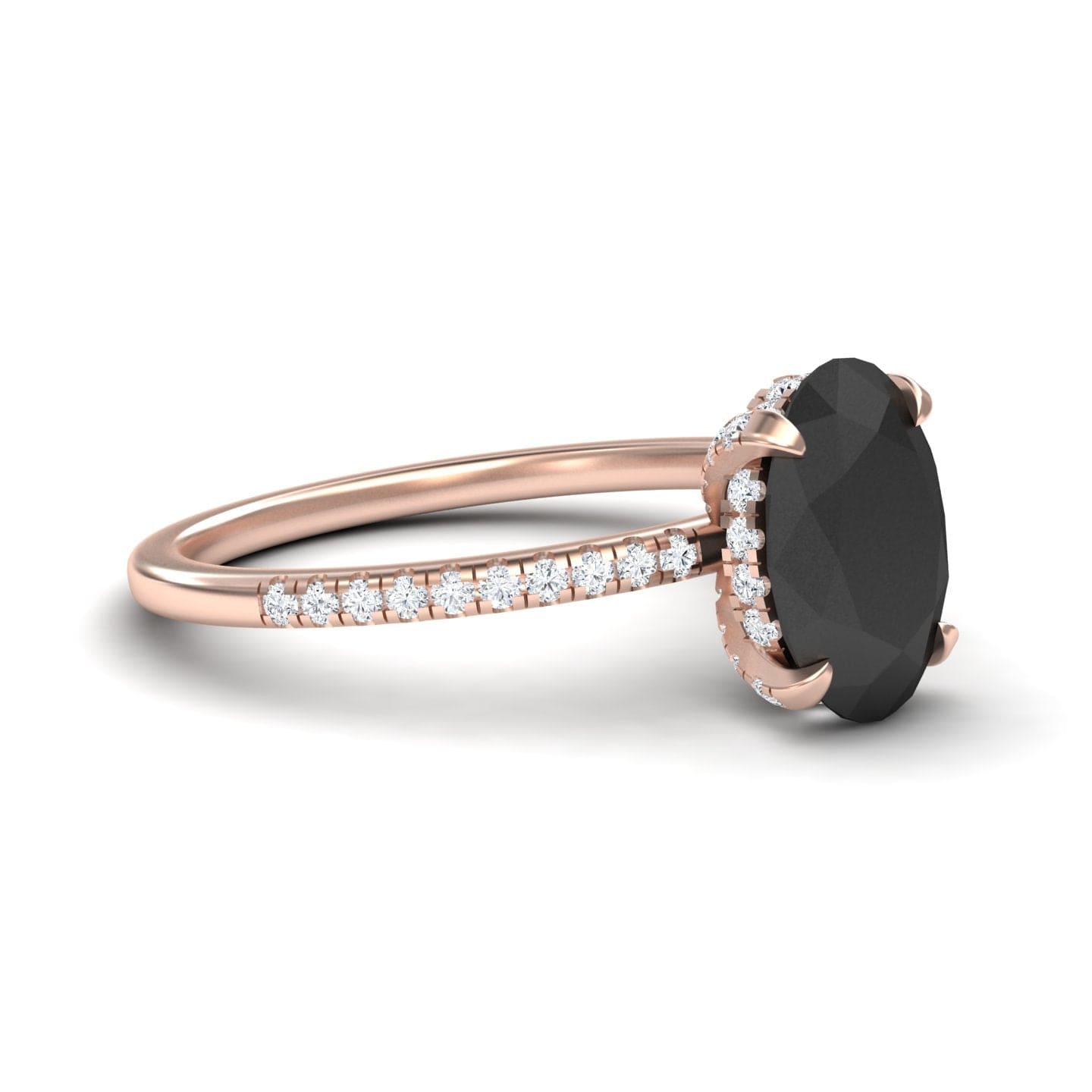 Oval Hidden Halo Certified Natural Black Diamond Pave Engagement Ring - Tamara
