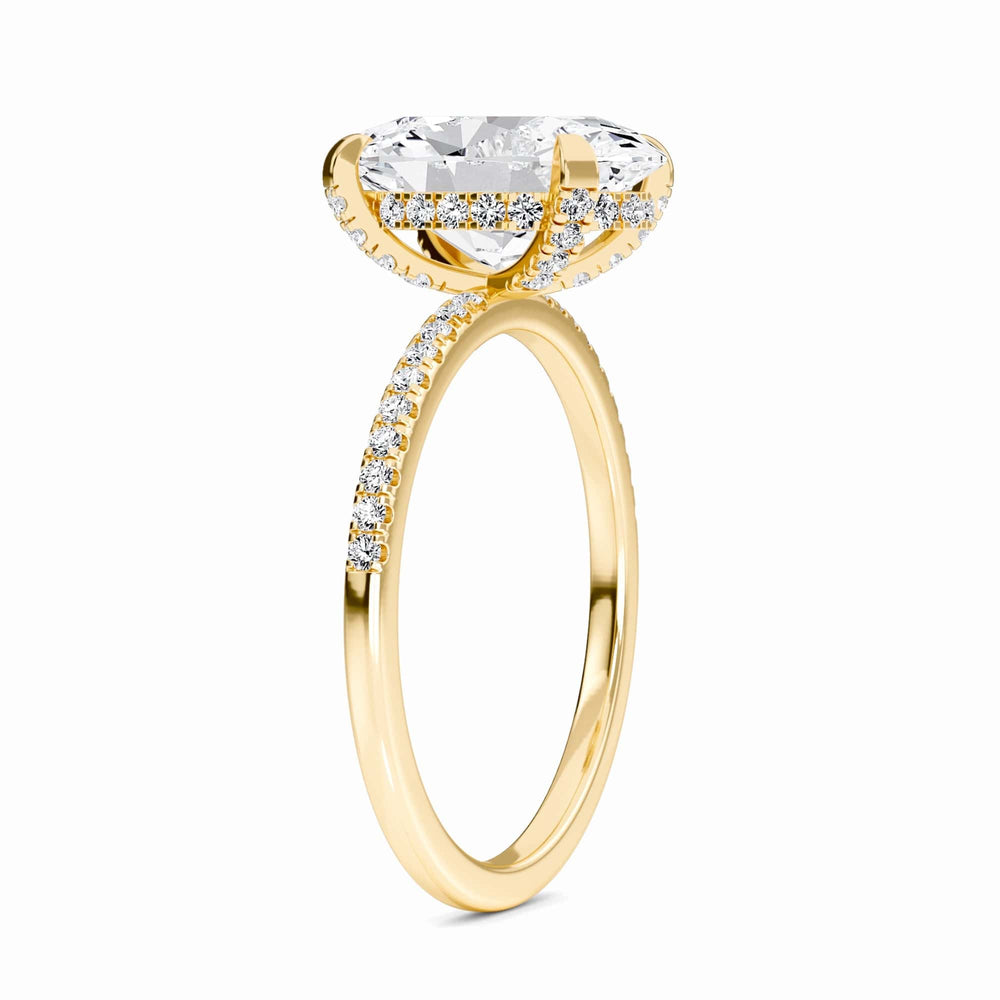 Oval hidden halo certified lab diamond pave engagement ring in 18k yellow gold, view 2