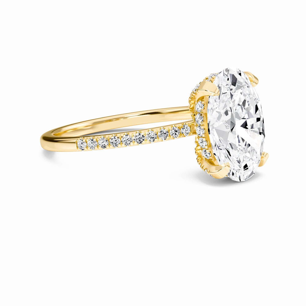 Oval hidden halo certified lab diamond pave engagement ring in 18k yellow gold, view 3