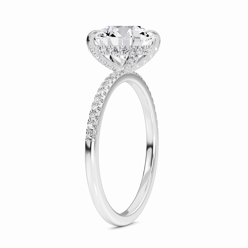 Round hidden halo certified lab diamond pave engagement ring in 18k white gold, view 2