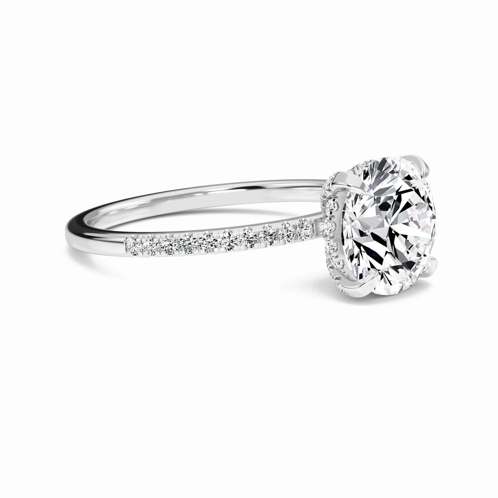 Round hidden halo certified lab diamond pave engagement ring in 18k white gold, view 3