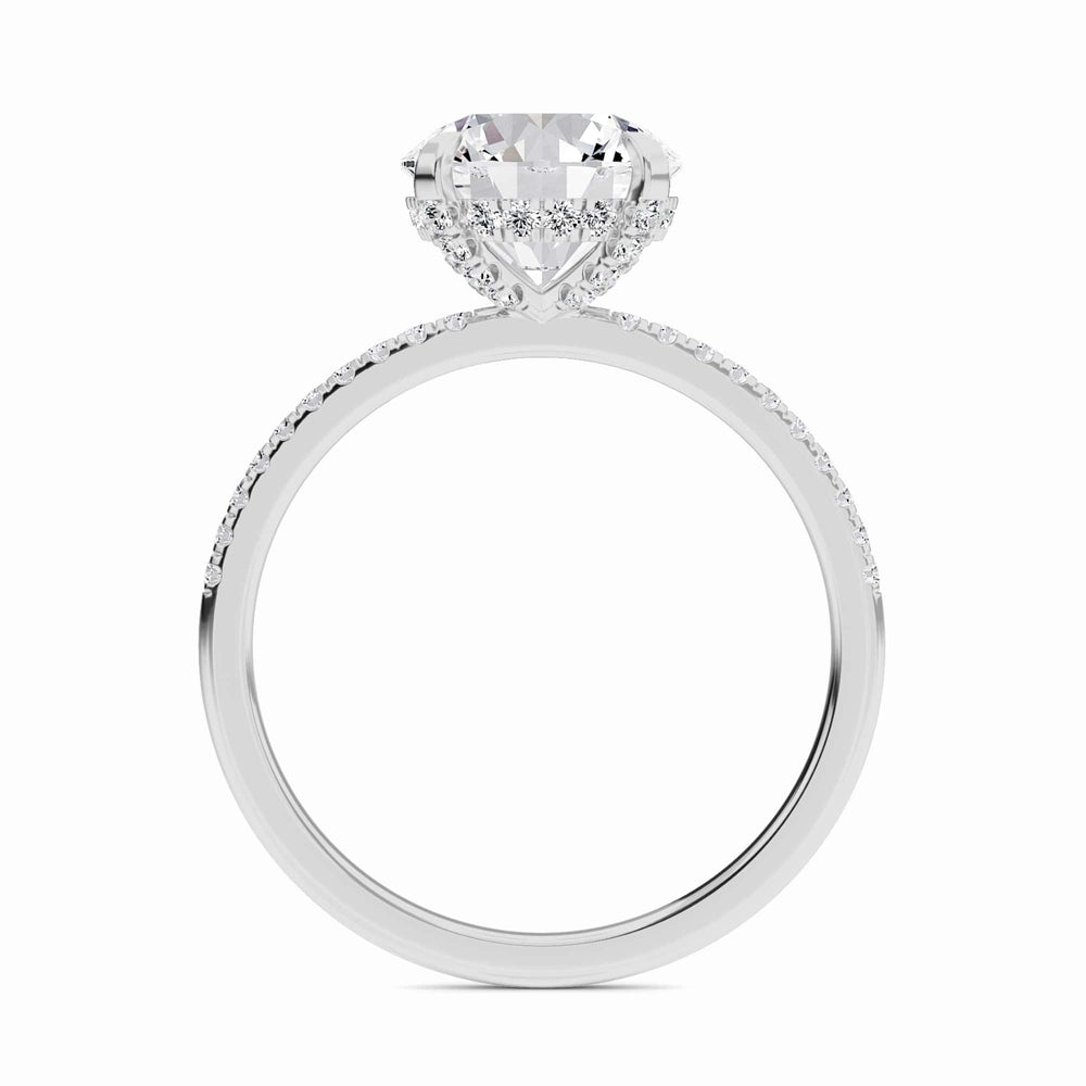 Round hidden halo certified lab diamond pave engagement ring in 18k white gold, view 4