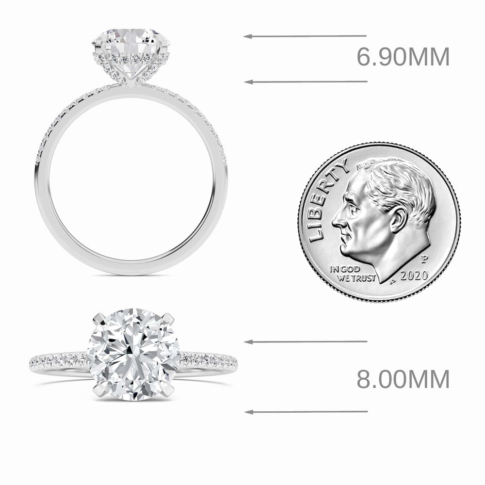 Round hidden halo certified lab diamond pave engagement ring in 18k white gold, view 5