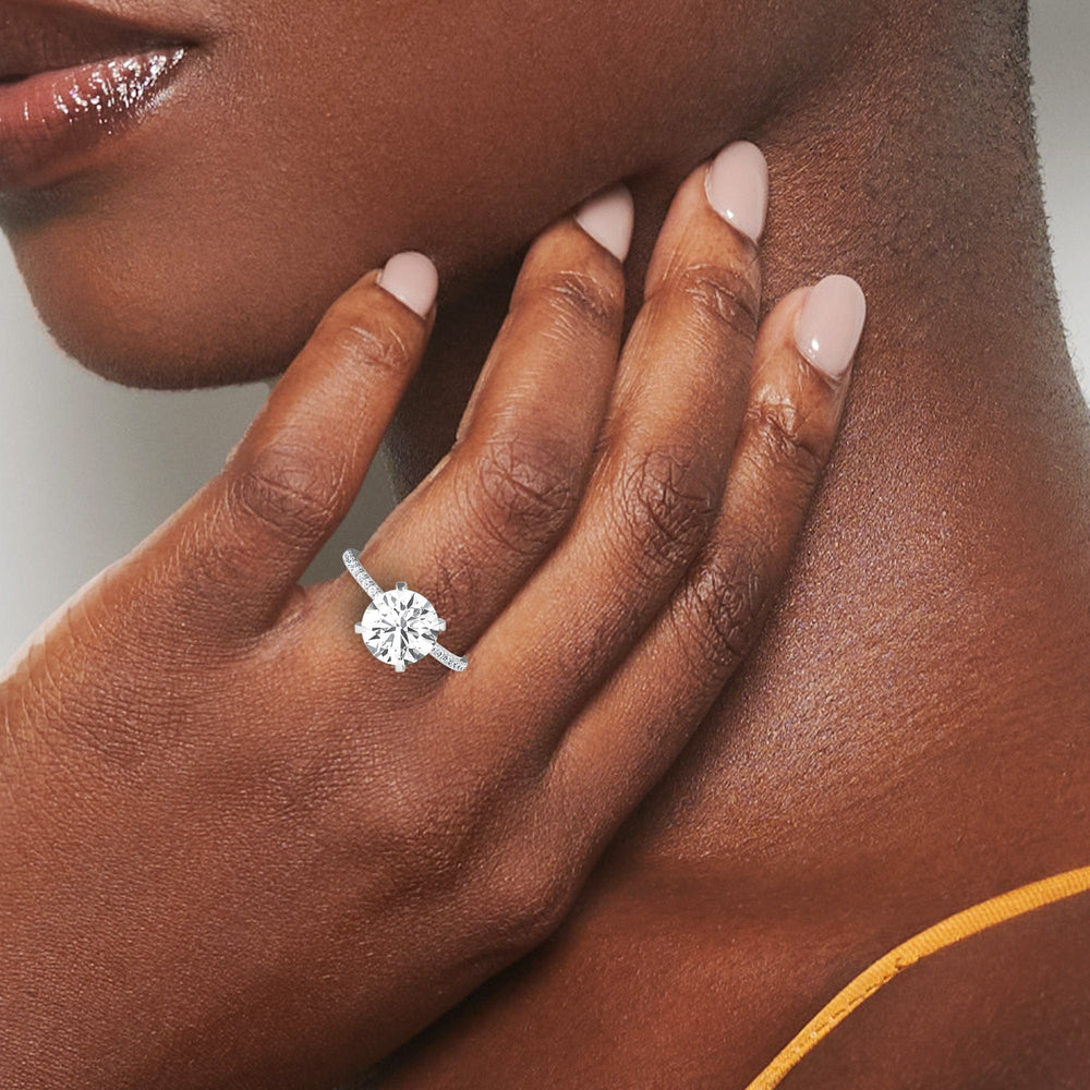Round hidden halo certified lab diamond pave engagement ring in 18k white gold, view 6