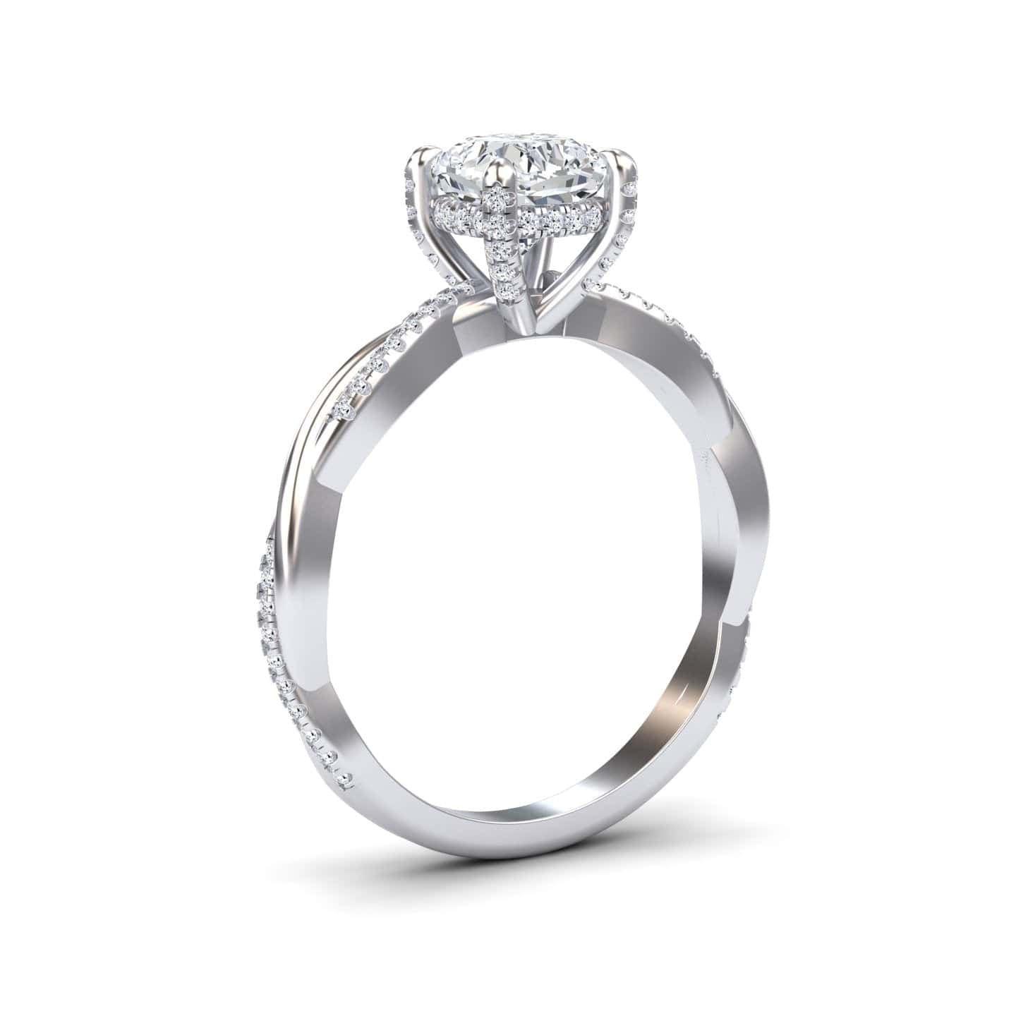 White Diamond Twisted Pave Shank Hidden Halo Engagement Ring - Yunru