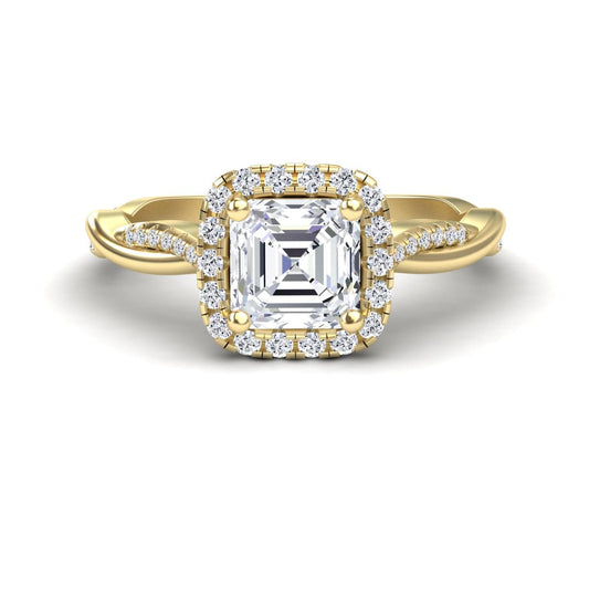 White Diamond Twisted Pave Shank Halo Engagement Ring - Yanmei
