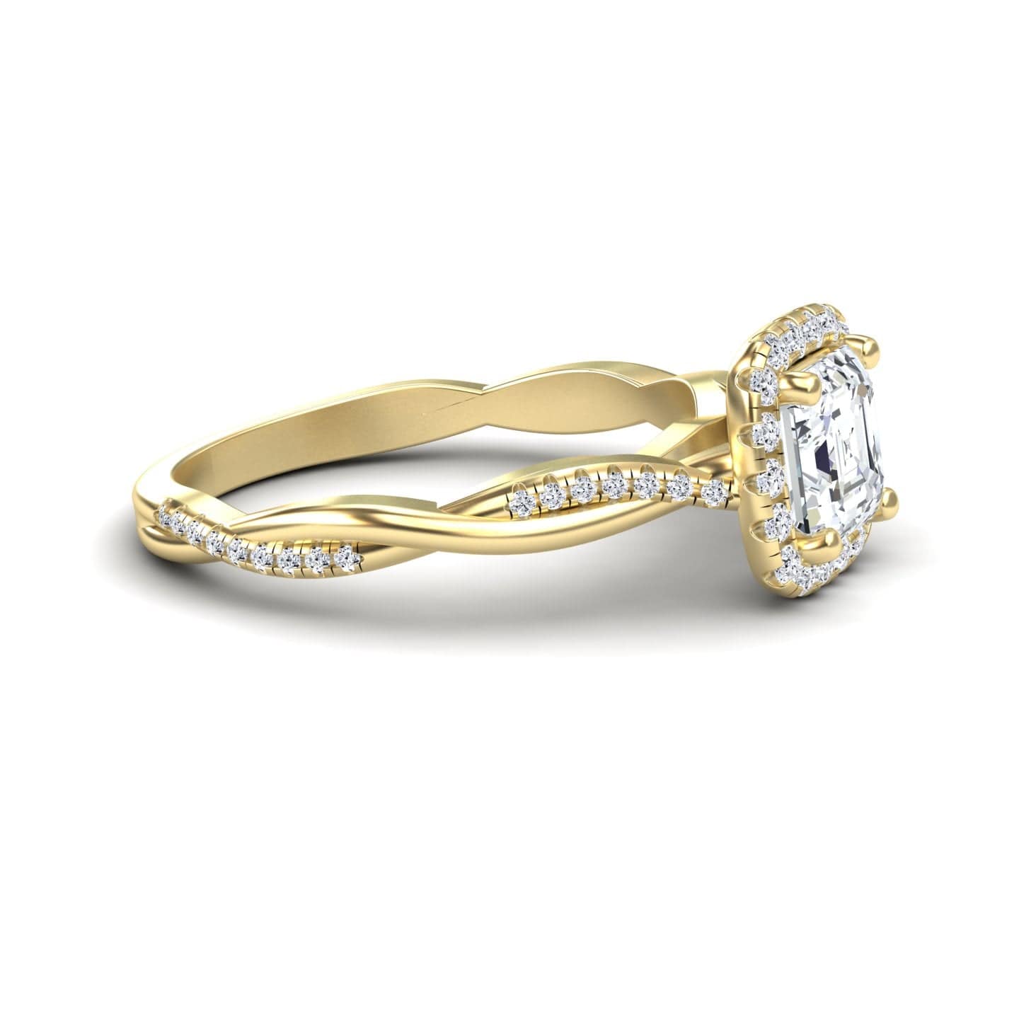 White Diamond Twisted Pave Shank Halo Engagement Ring - Yanmei