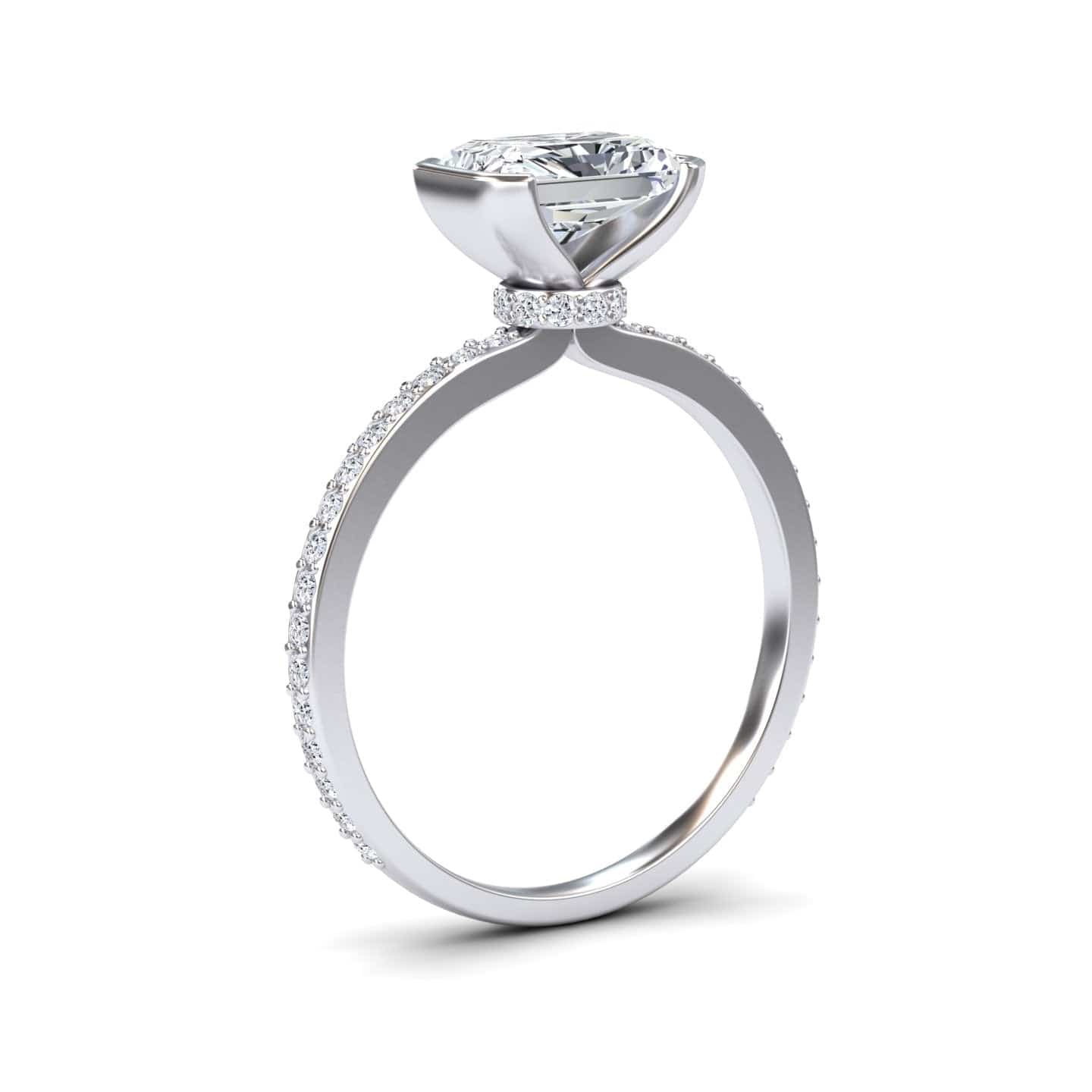 White Diamond Pave Hidden Halo Bezel Solitaire Accented Engagement Ring - Yueqin