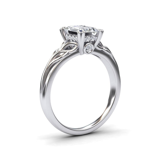 White Diamond Leaf-Inspired with Hidden Halo Engagement Ring - Gabrielle