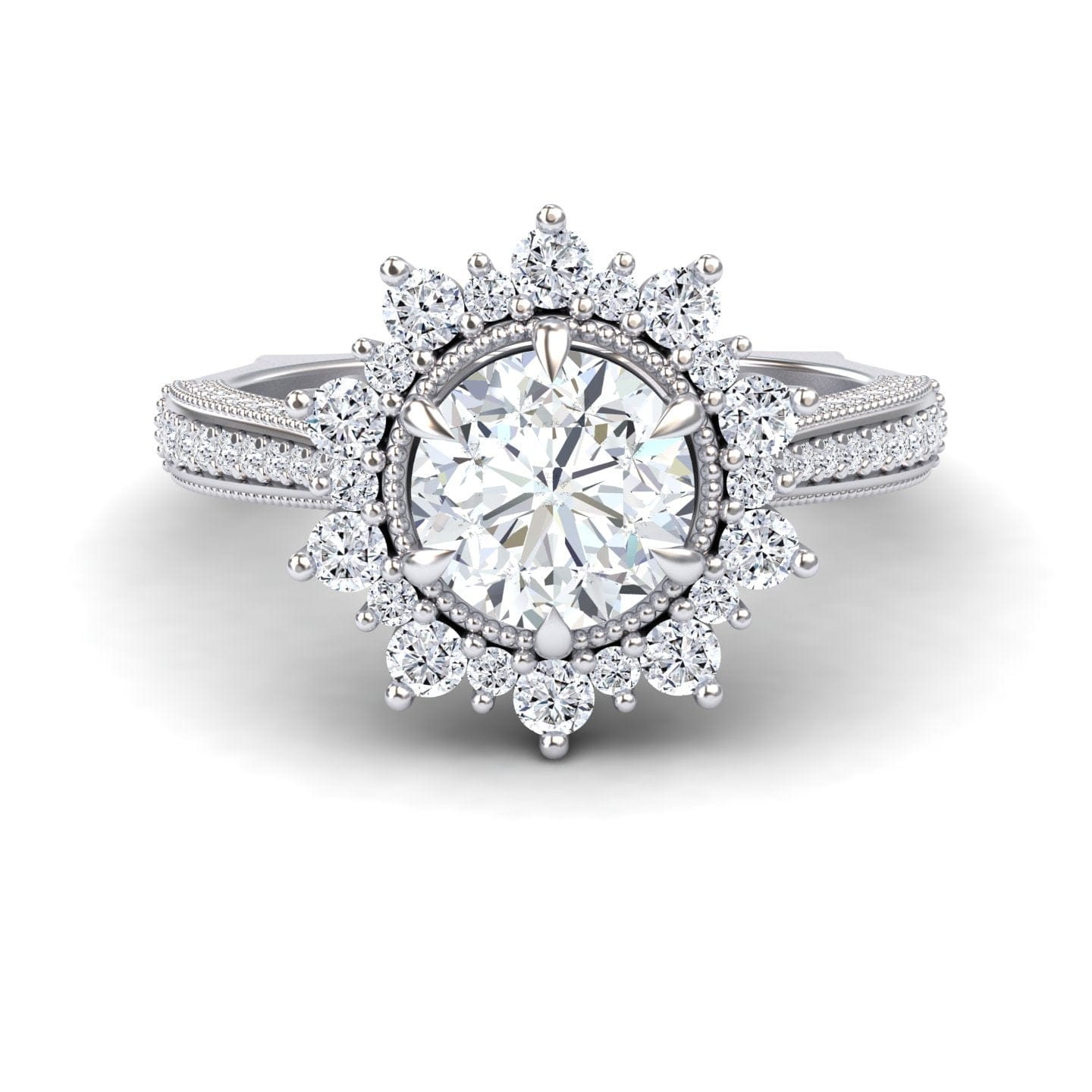 White Diamond Vintage-Inspired Ruffled Halo Engagement Ring - Charvi
